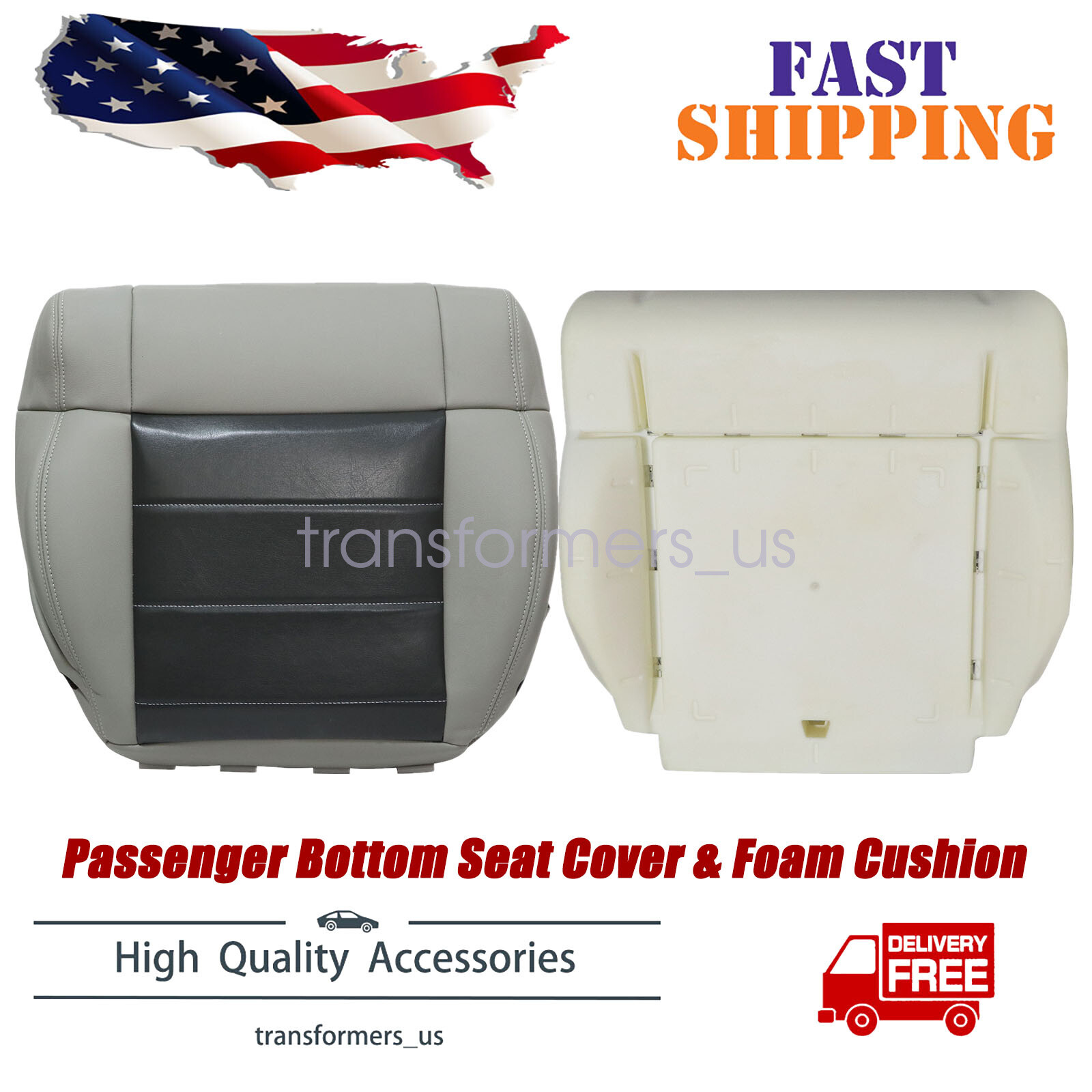 For 2008-2012 Jeep Wrangler Passenger Bottom Seat Cover Gray & Foam Cushion