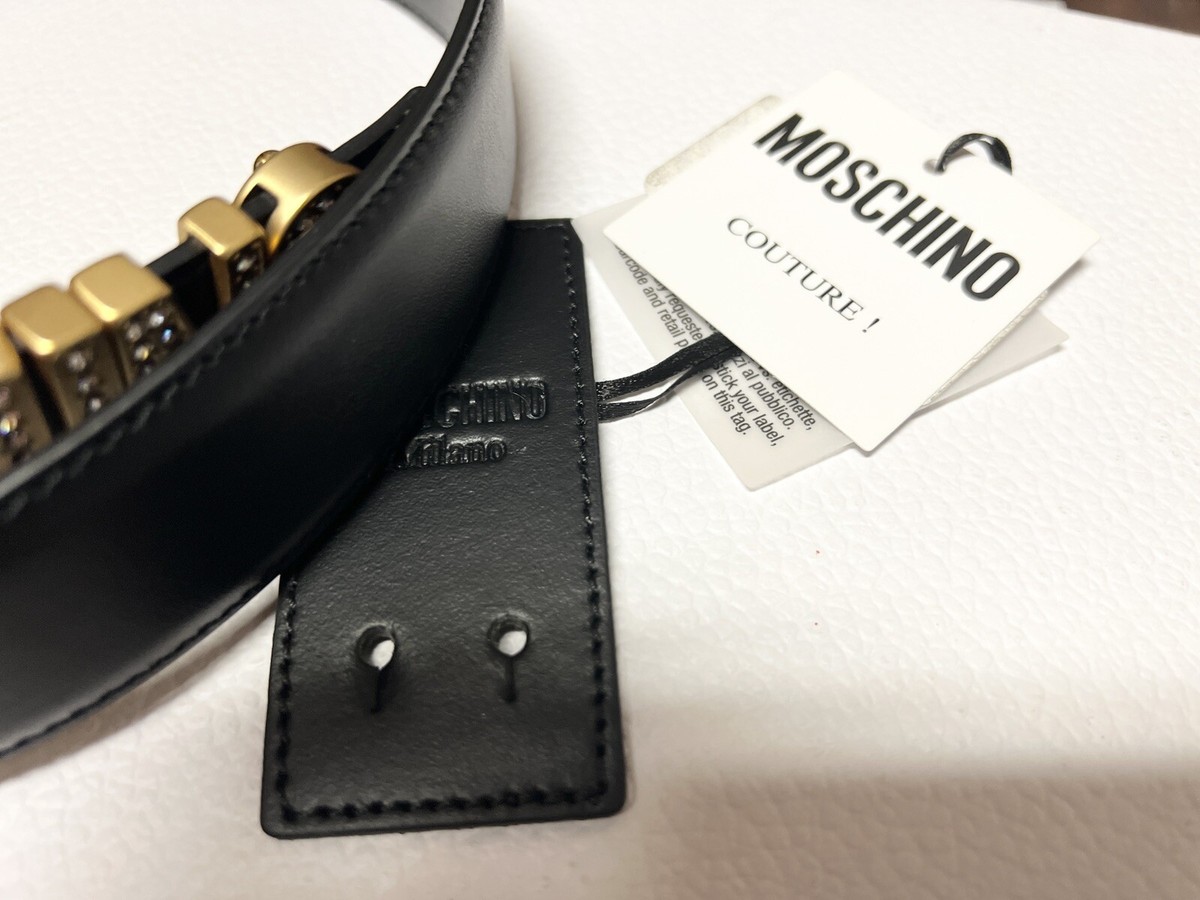 【送料&関税込】Moschino Belt With Pearls NWT Authentic Moschino Ladies Black Leather Silver Logo Belt
