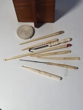 8 Antique Vintage Bone Bodkins Needles & Crotchet Net Hooks