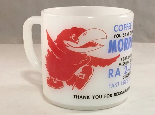 VINTAGE ADVERTISING FEDERAL GLASS MUG CUP MORROW PHARMACY KANSAS KU JAYHAWK