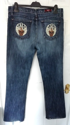 Rock & Republic 32 Boot Cut Jeans bestickt Scull Taschen Y2K Streetwear ausgefranst