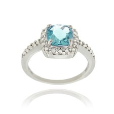 925 Silver Swiss Blue Topaz  Diamond Accent Square Ring Size 10