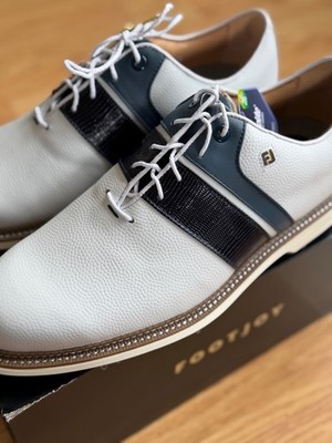 Footjoy Premiere Packard Spiked Golf Shoes White Blue Navy Lizard