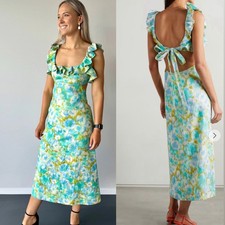 Zimmerman High Tide Floral Ruffle Back Cutout Green Blue Midi Dress Size 10