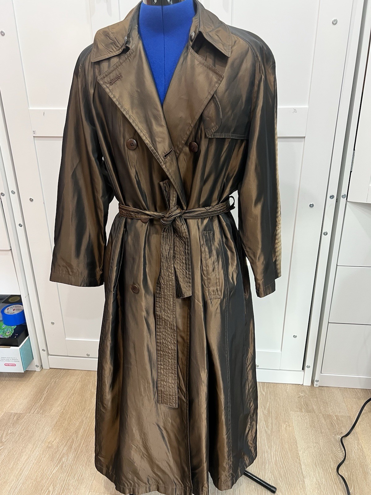 Vintage Drizzle Women’s Trench Coat Brown Acetate Made in USA Belted Long Coat