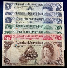 LOT Cayman Islands Currency Board: 25, 10, 5, 1 dollar 1971/1974 Seven Banknotes