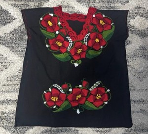 Handmade Huipil Black Embroidered Floral Cotton Blouse Women’s Size M