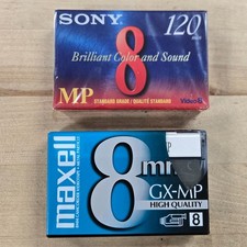 2 NEW - Blank Video 8 TAPES 8mm - Sony MP120 Standard, Maxwell GX-MP120 High