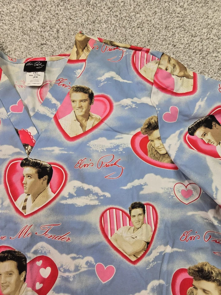 Elvis Presley Scrub Top Mens 2XL Blue V-Neck Heart Print Love Me Tender Nursing - Image 4 of 4
