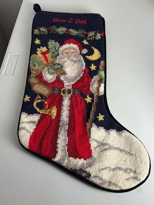 Land's End Needlepoint Wool Christmas Stocking ''MOM & DAD'' Santa