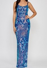 Emerald Sundae Women's Juniors' Blue Sequined Side-Slit Gown Dress Size XXS