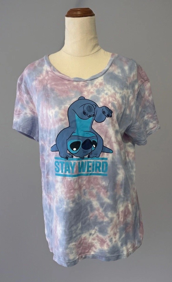 Disney Lilo & Stitch Womens Size Medium Stay Weird TShirt Pink Tie Dye Tee Shirt