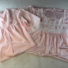 Vintage Lorraine Pink Nightgown Robe Set Lace Embroidered Roses Small USA Made