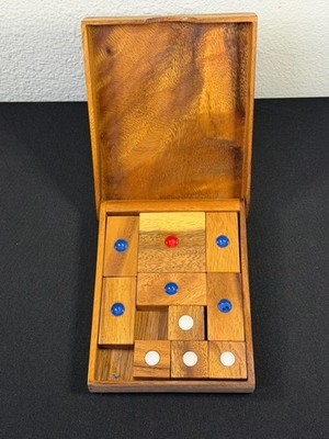Vintage Wooden Sliding Block Puzzle Box Color Peg Brain Teaser Game