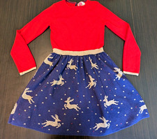 Mini Boden Girls Knit Fit  Flare LS Reindeer Holiday Dress Red Blue 11-12Y