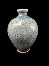 Vintage Blue Celadon Ceramic Floral Crackle Bud Vase Thailand Handmade 5"