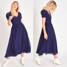 NWT $545 New LoveShackFancy Cotton Silk Hutchinson Dress 00 XXS Blue Puff Sleeve