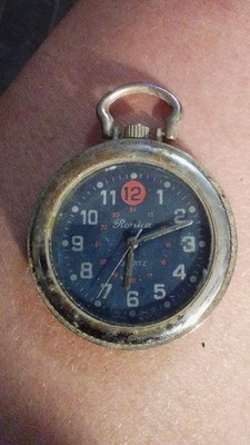 Ronica Quartz Pocket Watch Blue Dial Arabic Numerals 12/24H Open Face