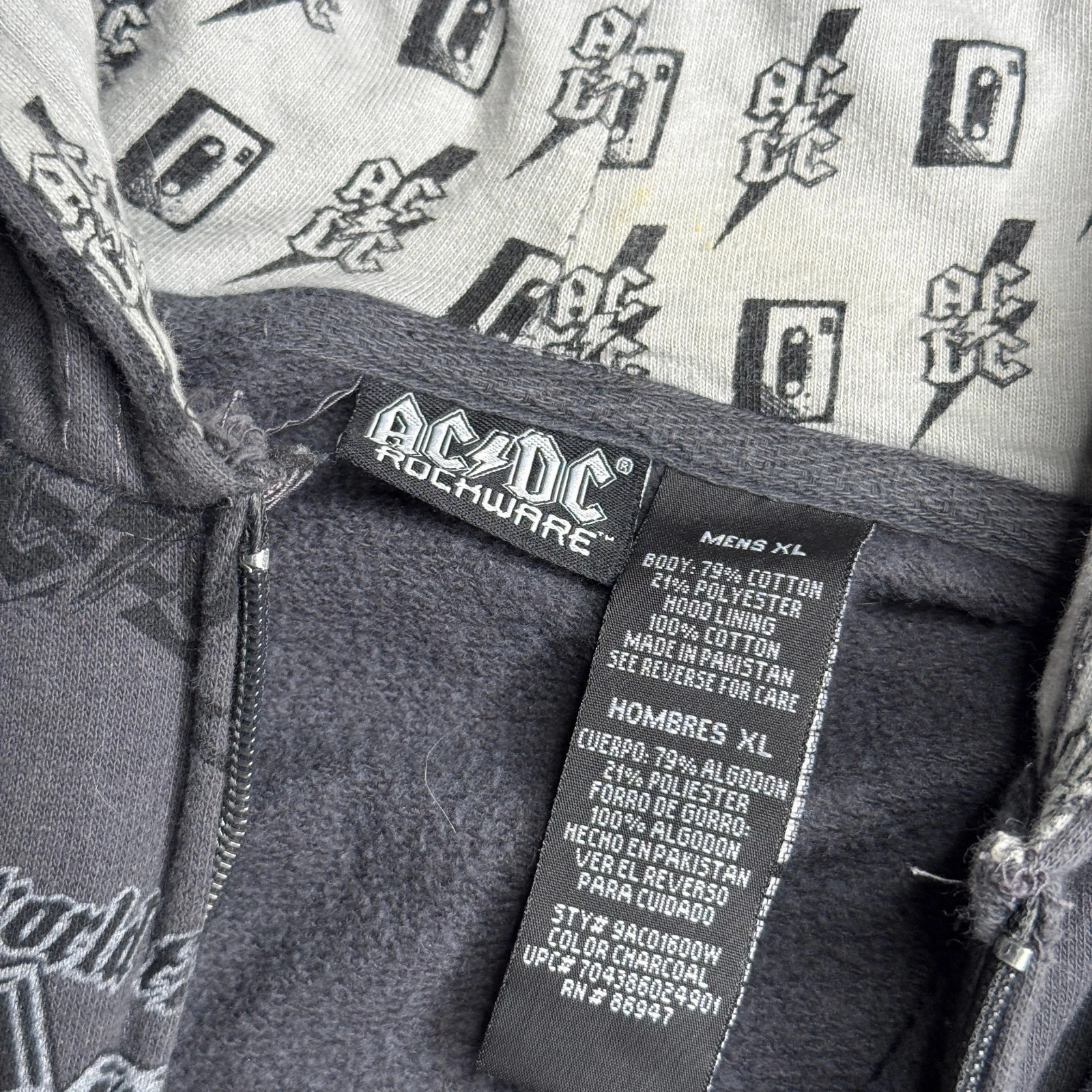 AC/DC Mens XL Rockware Gray Full Zip Hoodie Jacket Y2K AOP Rock Band Grunge image 7