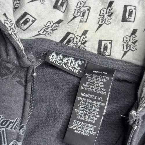 AC/DC Mens XL Rockware Gray Full Zip Hoodie Jacket Y2K AOP Rock Band Grunge image 7