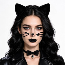 Large Black Cat Costume Mask with Adjustable Strap for Halloween PU Leather Ey