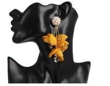 Orecchini Zara Senape Arancione Seta Ramo di Perla Cristallo Oro Statement Fiore NUOVI