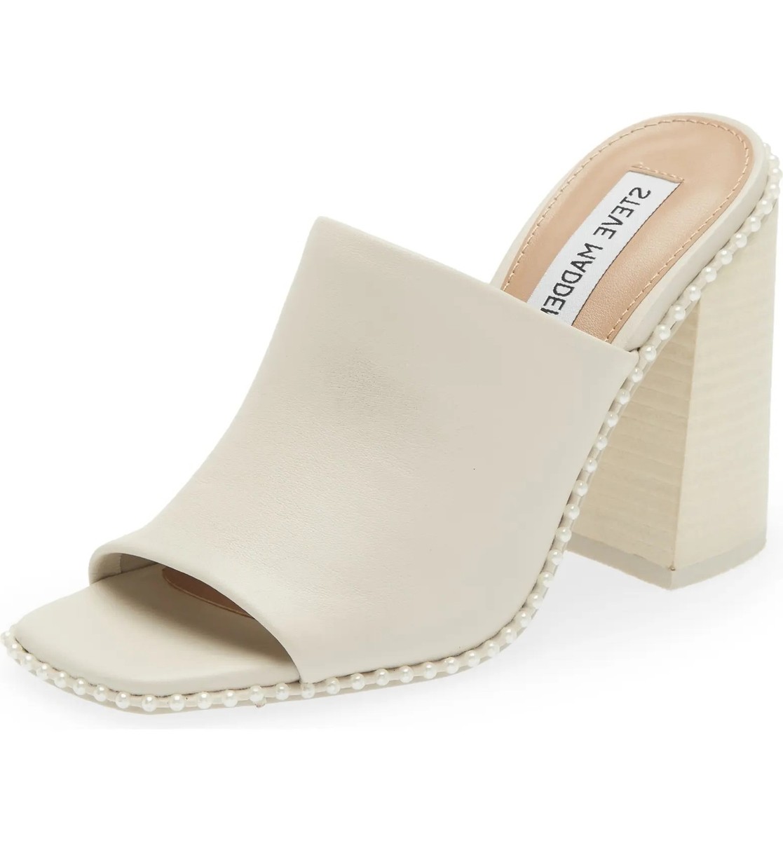 Steve Madden Decoded Bone White Pearl Open Toe Block Heeled Mule Slip On  Sandal