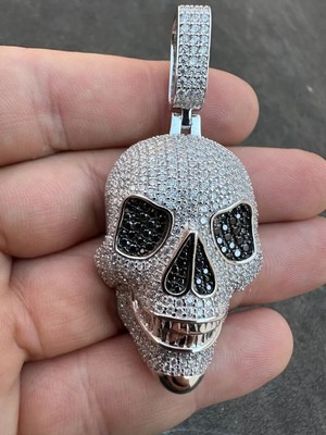 VVS1 Moissanite Studded Fully Iced Skeleton Face 14K White Gold Plated Pendent