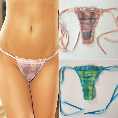 Shirley of Hollywood Sizes M L Sheer Check Tie-Side Thong Lingerie Knickers
