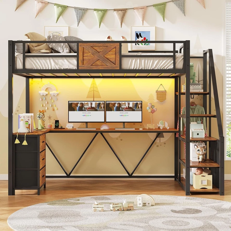 Stairway Twin Size Loft Bed with L Shaped Desk, Storage Stairs &3 Fabric Drawers - Image 3 of 4