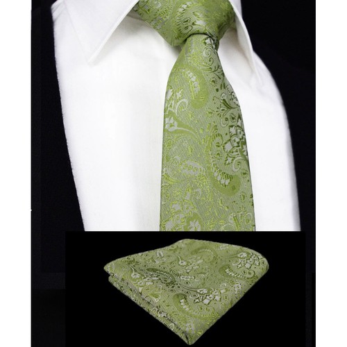Mens Sage Green Tie Handkerchief Silk Floral Pocket Square Napkin Paisley Hanky - Picture 3 of 8