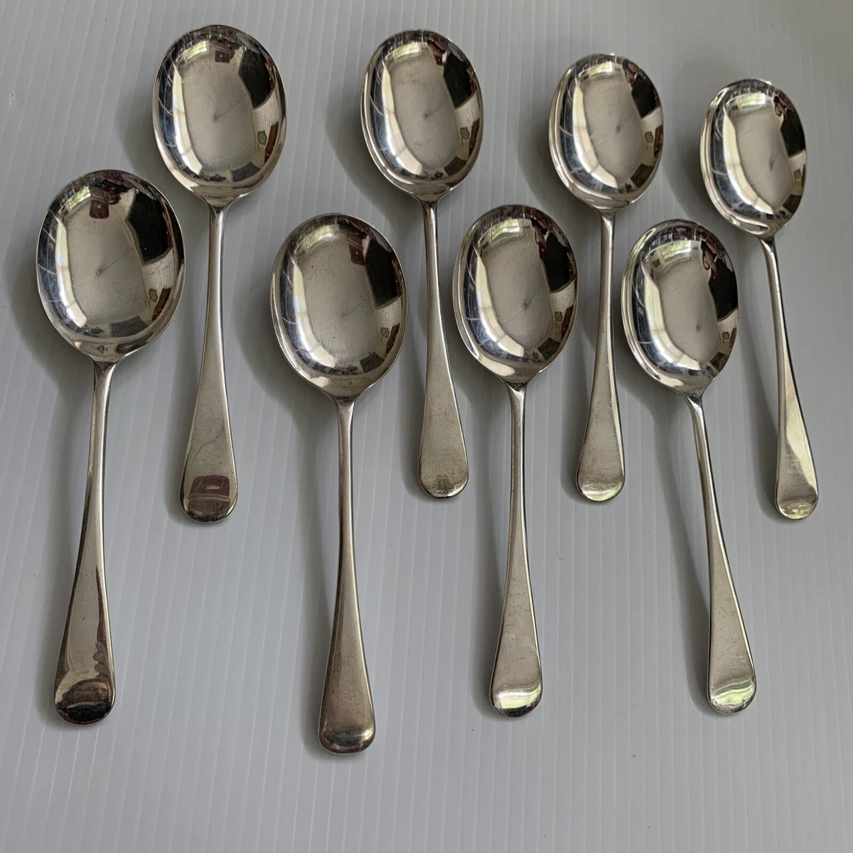 Vintage Silver Plated Soup Spoons X 8 Sheffield Old English Pattern