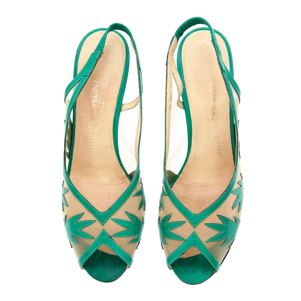 Escarpins d'été à talons en cuir vert et résille | Evelins | Vintage 80s - Photo 2/4