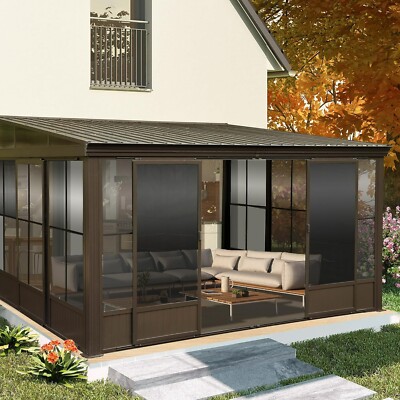 10'x12' Sunroom,Wall Mounted Gazebo Solarium w/Moveable screen& liding Door