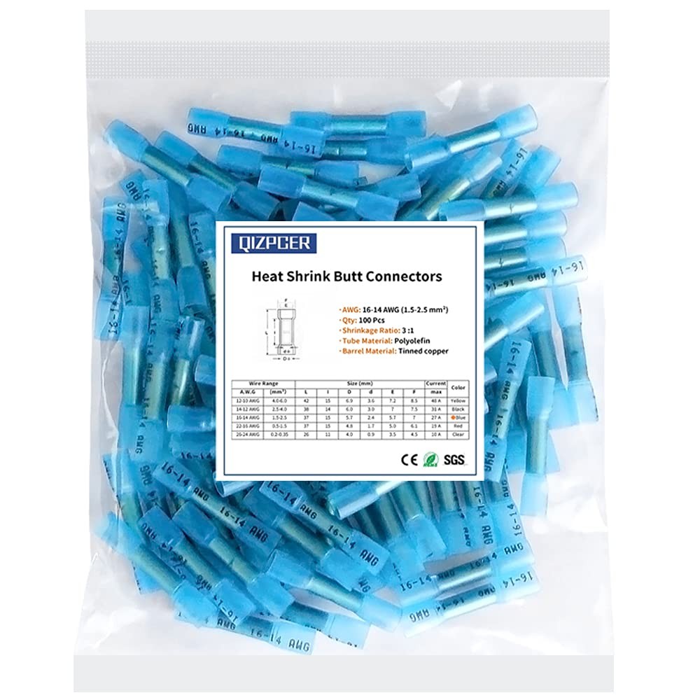 Heat Shrink Butt Connectors, 16-14 AWG 100Pcs Blue Waterproof 