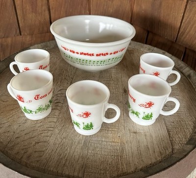 Vtg Hazel Atlas Milk Glass Jingle Bells Egg Nog Bowl & Tom & Jerry (5) Mugs MCM