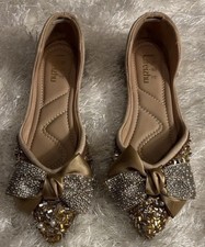 Lifeizhu Women's Gold Beige Rhinestone Bow Pointed Toe Slip On Flat