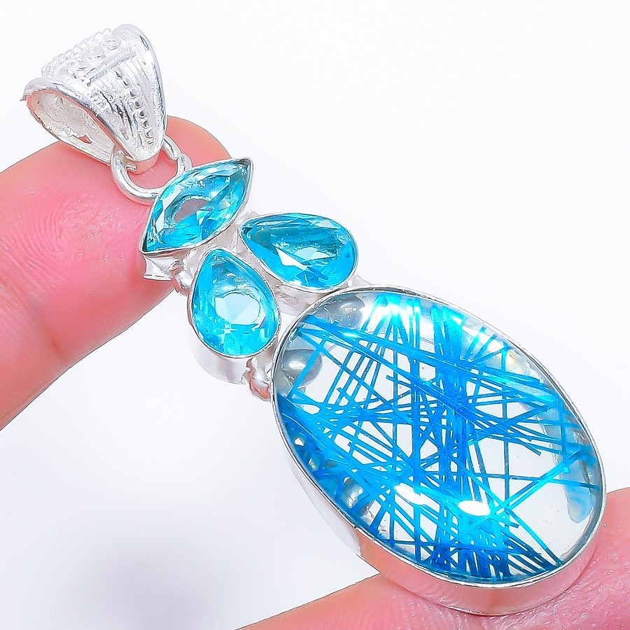 Blue Rutile Quartz, Blue Topaz Gemstone 925 Sterling Silver Jewelry Pendant 2.5