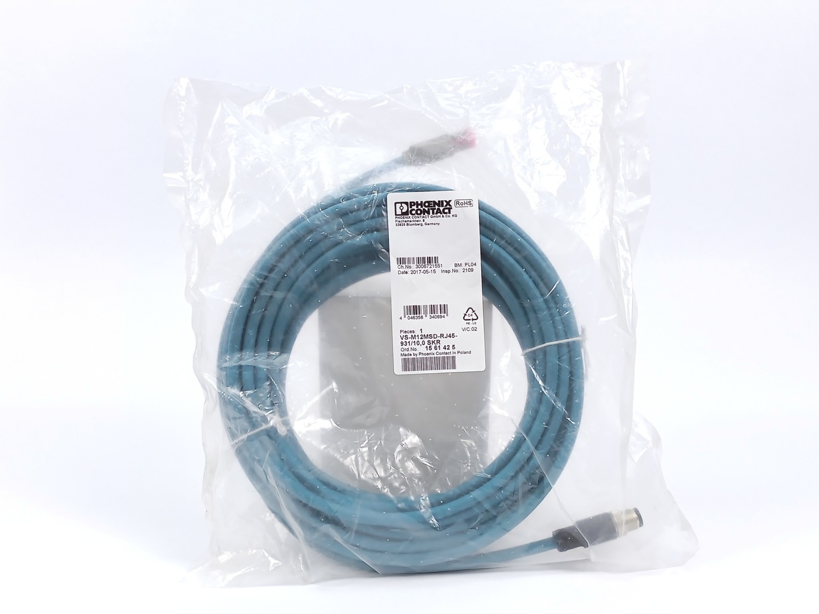 phoenix contact 1561425 VS-M12MSD-RJ45-931/10,0 SKR Ethernet To M12 4pin Cable