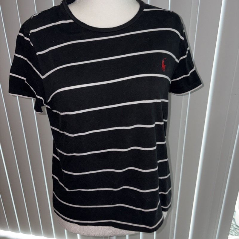 Polo Ralph Lauren Womens XL Blk White Striped T Shirt Red Pony Logo Short Sleeve