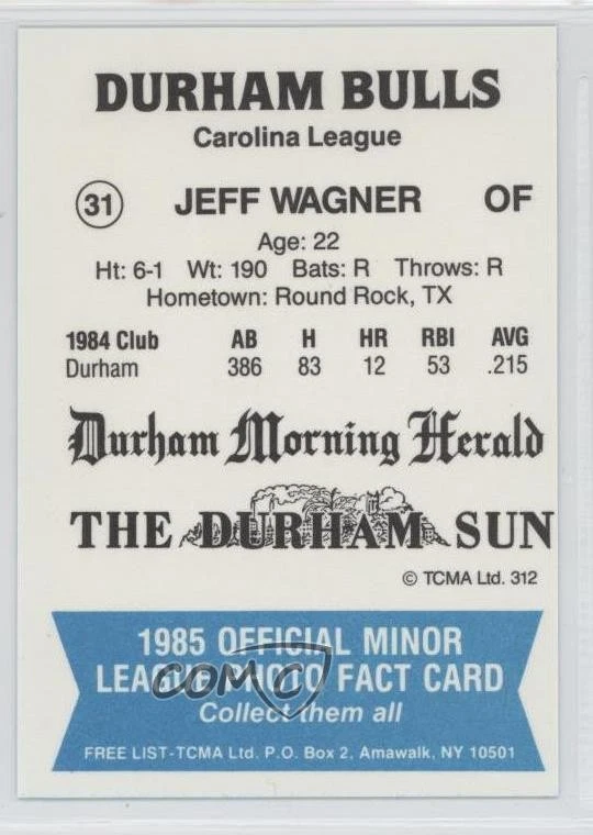 1985 TCMA Minor League Jeff Wagner #312 - Image 2 of 2