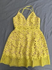LOVERS & FRIENDS Bellini Dress Sunshine Yellow Lace Crochet Over Nude Women’s S