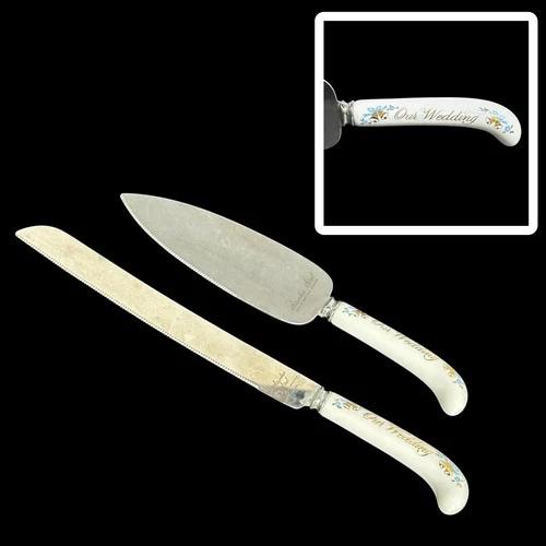 Sheffield England OUR WEDDING Cake Knife & Server Set Porcelain Handle Stainless