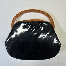 Vintage Patent Leather Handbag Purse Kisslock Black Lucite Mid Century Modern