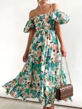 Women's Dress- Floral Smocked Puff Sleeve Tiered Dress