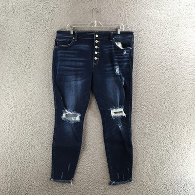 KanCan Skinny Jeans Womens 33 Blue Denim Button Front Mid Rise Distressed Casual