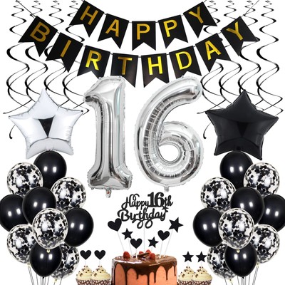 Tortenaufsatz Zum 16. Geburtstag – Lizenziert, Mit Glitzer, Aufschrift „Cheers To 16 Years“, Schwarz
