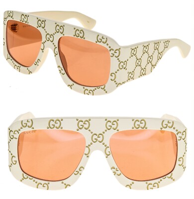 GUCCI AUTHENTIC Monogram Print 0983 Ivory Orange Unisex Sunglasses