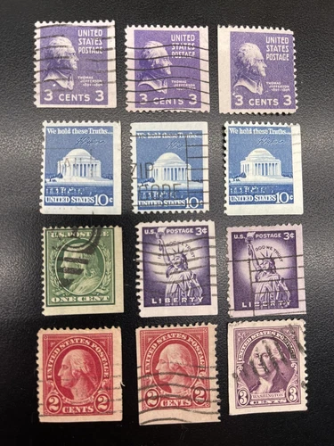 12-Used US Stamp Collection. 6 Different. Mostly Corners.