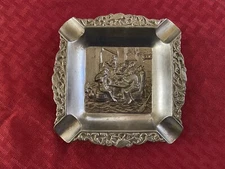 ANTIQUE METAL ASHTRAY MEN SITTING AROUND A TABLE EUC RARE & HARD TO FIND